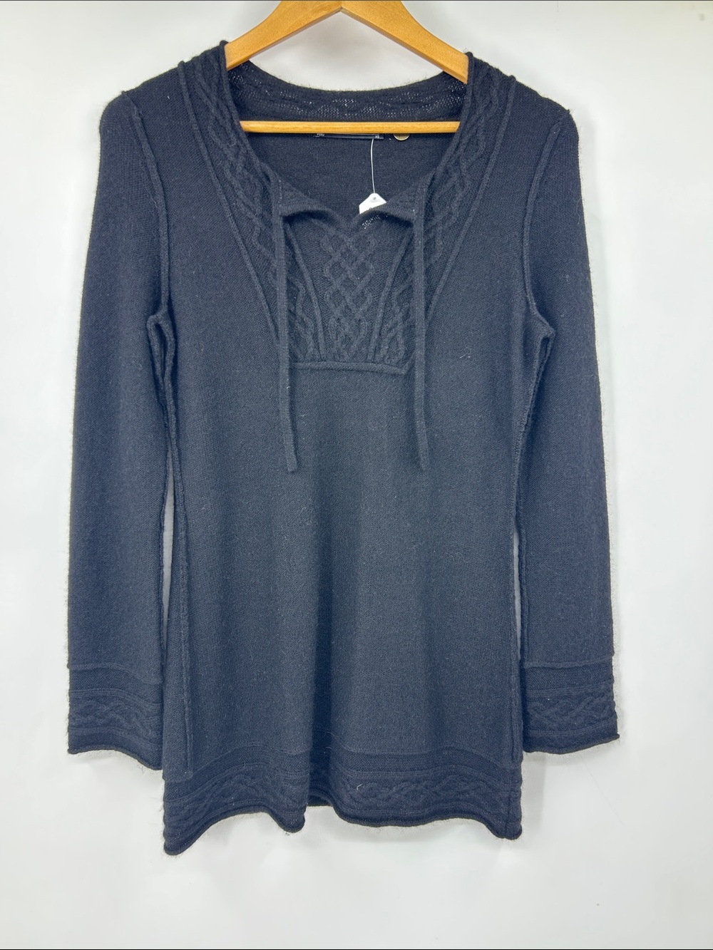Peruvian Connection Black Cable-Knit Hooded Tunic 100% Royal Alpaca XS